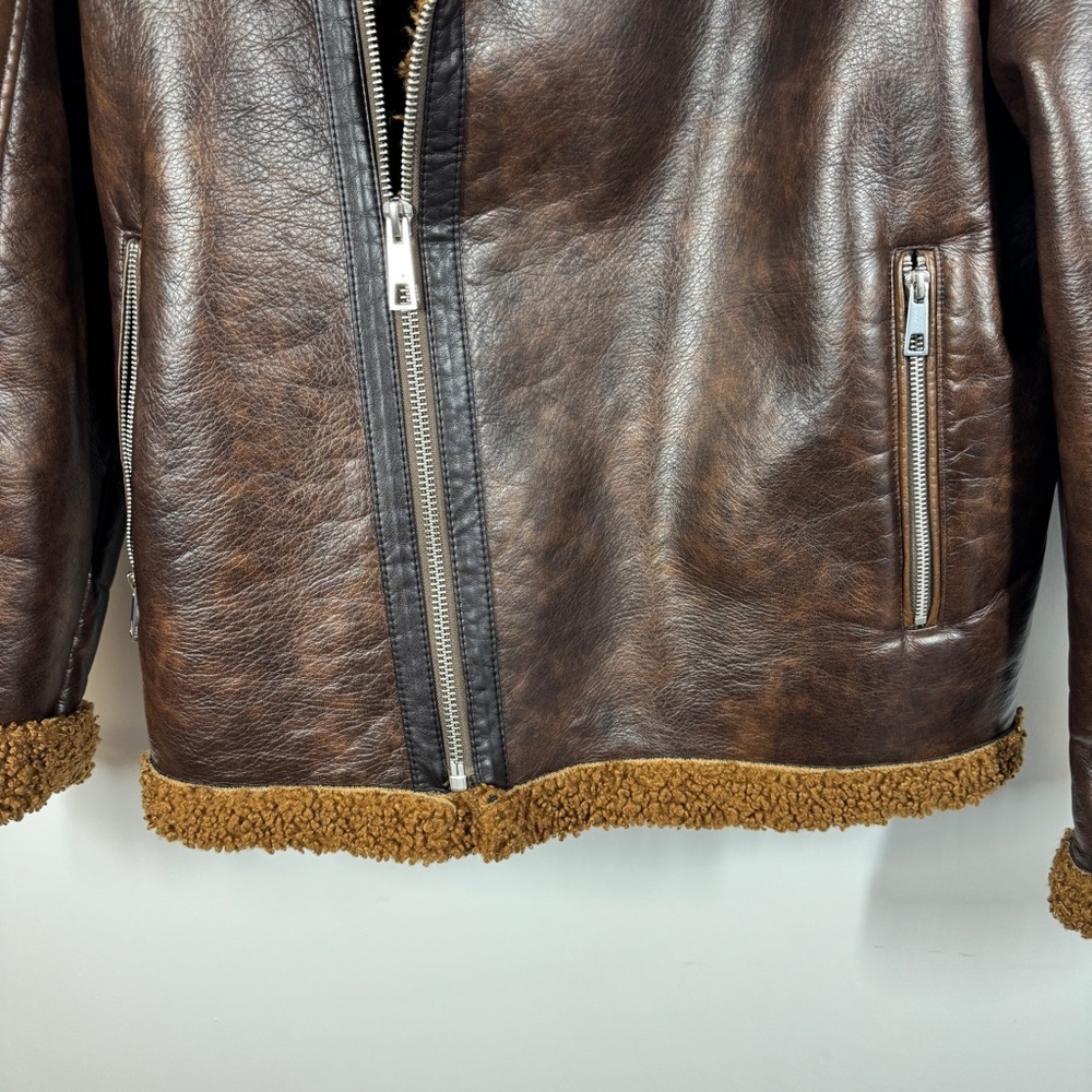 Zara Brown Faux Leather Shearling Jacket Size XL Aviator Biker Cozy Core - Picture 6 of 14